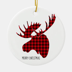 Merry Christmas Round Ornament-Plaid Moose Ceramic Ornament