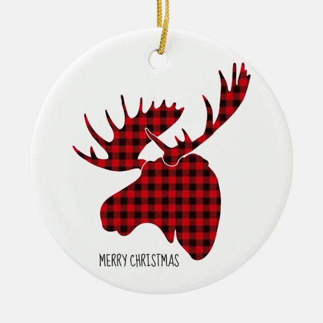 Merry Christmas Round Ornament-Plaid Moose Ceramic Ornament (Front)