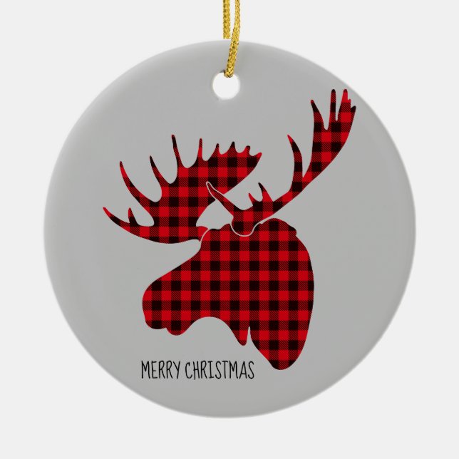 Merry Christmas Round Ornament-Plaid Moose Ceramic Ornament (Front)