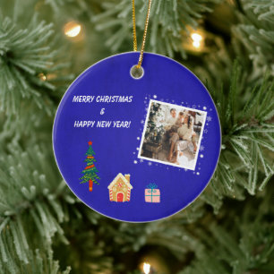 Merry Christmas Royal Blue Family Photo  Ceramic Ornament