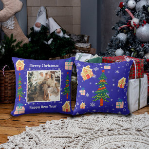 Merry Christmas Royal Blue Family Photo  Cushion