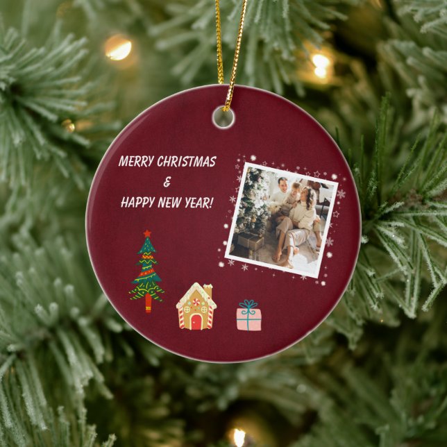 Merry Christmas Ruby Wine Family Photo  Ceramic Ornament (Tree)