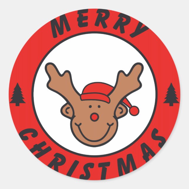 Merry Christmas Rudolf Rentier with a tree Classic Round Sticker (Front)