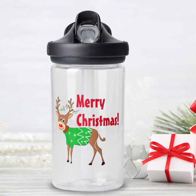 Merry Christmas Rudolph In Sweater & Xmas Lights Water Bottle (Stay refreshed in festive style with Rudolph's sweater water bottle!)