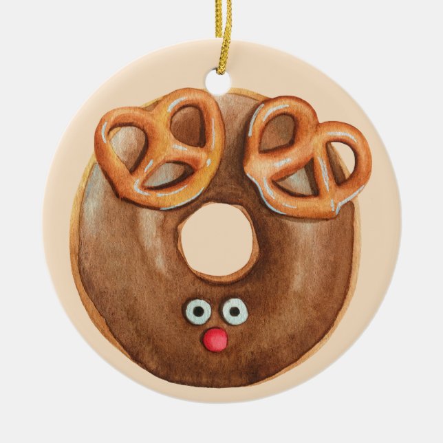 Merry Christmas Rudolph Reindeer Doughnut Ceramic Ornament (Front)