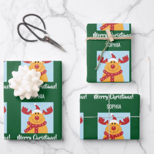 Merry Christmas Rudolph Reindeer Personalise Name Wrapping Paper Sheet