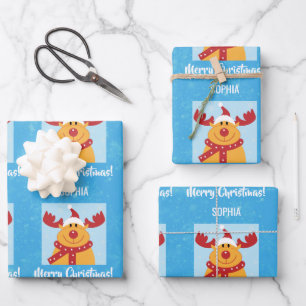 Merry Christmas Rudolph Reindeer Personalize Name Wrapping Paper Sheet