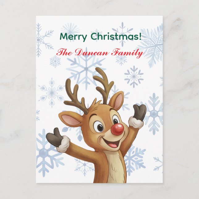 Merry Christmas Rudolph with Blue Snowflakes Holiday Postcard (Front)
