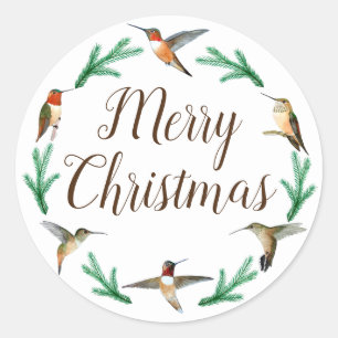 Merry Christmas Rufous and Allen's Hummingbirds Cl Classic Round Sticker