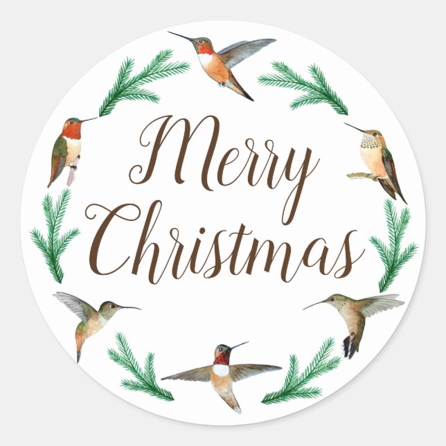 Merry Christmas Rufous and Allen's Hummingbirds Cl Classic Round Sticker (Front)