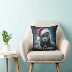 Merry Christmas Russian blue Cat, Xmas Santa Cat Cushion