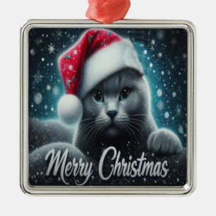 Merry Christmas Russian blue Cat, Xmas Santa Cat Metal Ornament