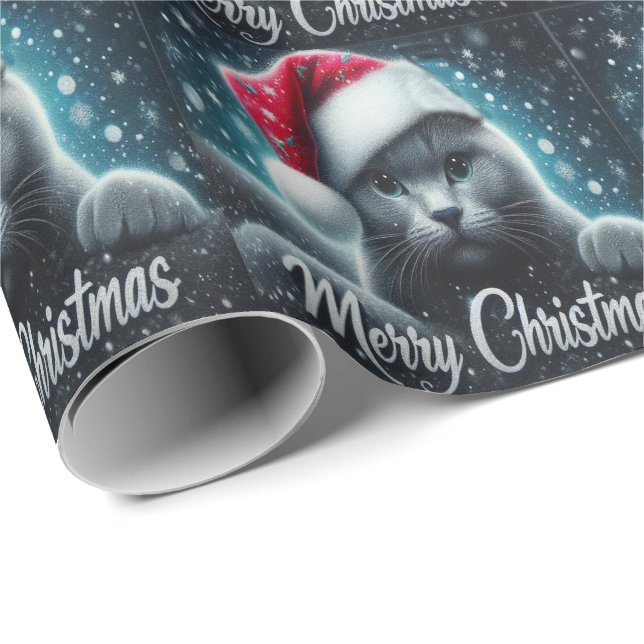 Merry Christmas Russian blue Cat, Xmas Santa Cat Wrapping Paper (Roll Corner)