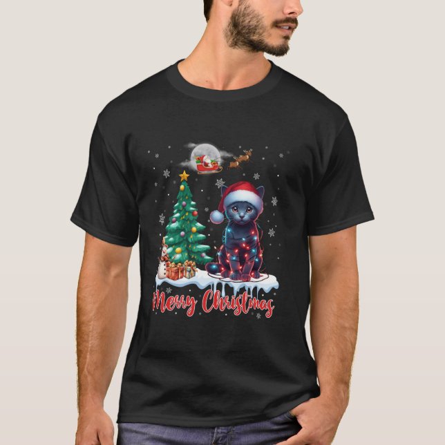 Merry Christmas Russian Blue Santa Cat Lover Xmas  T-Shirt (Front)