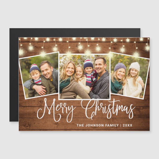 Merry Christmas Rustic  3 PHOTO Magnetic Card (Front/Back)