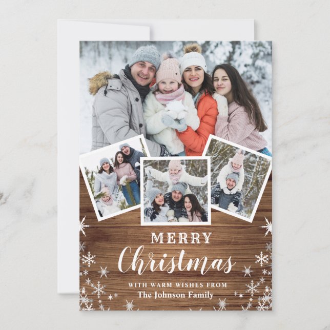 Merry Christmas Rustic 4 Photo Collage Family Holiday Card (Front)
