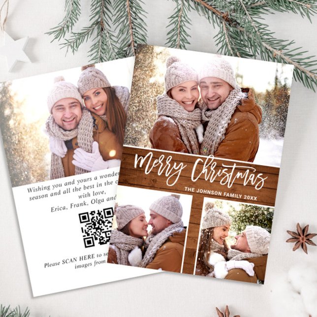 Merry Christmas Rustic 4 PHOTO Greeting QR code Holiday Card (Creator Uploaded)