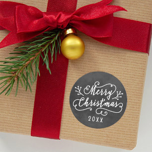 Merry Christmas Rustic Black Chalkboard Script Classic Round Sticker