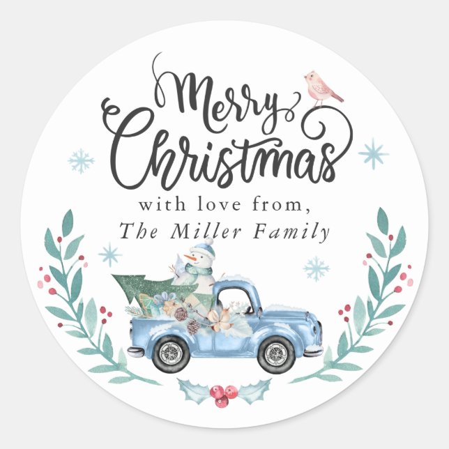 Merry Christmas Rustic Blue Truck Winter Floral Classic Round Sticker (Front)