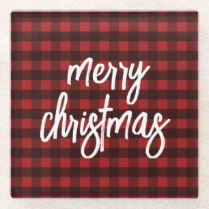 Merry Christmas Rustic Buffalo Plaid Glass Coaster