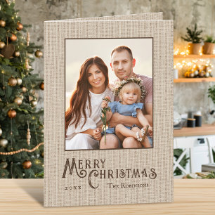 Merry Christmas Rustic Burlap Print Family Photo Holiday Card
