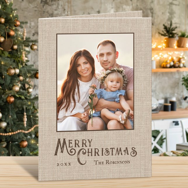Merry Christmas Rustic Burlap Print Family Photo Holiday Card (Available in high quality print or digital download for quick text messaging, email or self print.)