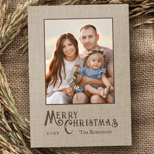 Merry Christmas Rustic Country Burlap Print Photo Holiday Card (Available in high quality print or digital download for quick text messaging, email or self print.)