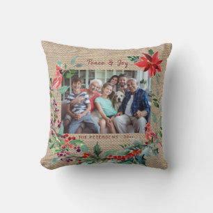 Merry Christmas rustic floral family photo burlap Cushion