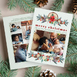 Merry Christmas rustic floral photo collage  Holiday Card<br><div class="desc">Rustic modern watercolor winter floral botanical Merry Christmas holiday card with pine cones,  berries,  boughs,  and foliage greenery on a sage green background.             Personalise it with your wishes,  text,  signature,  and 5 family photo shoots (one photo on the front side and 4 on the backside).</div>