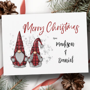 Merry Christmas Rustic Gnomes in Red Buffalo Plaid Holiday Card