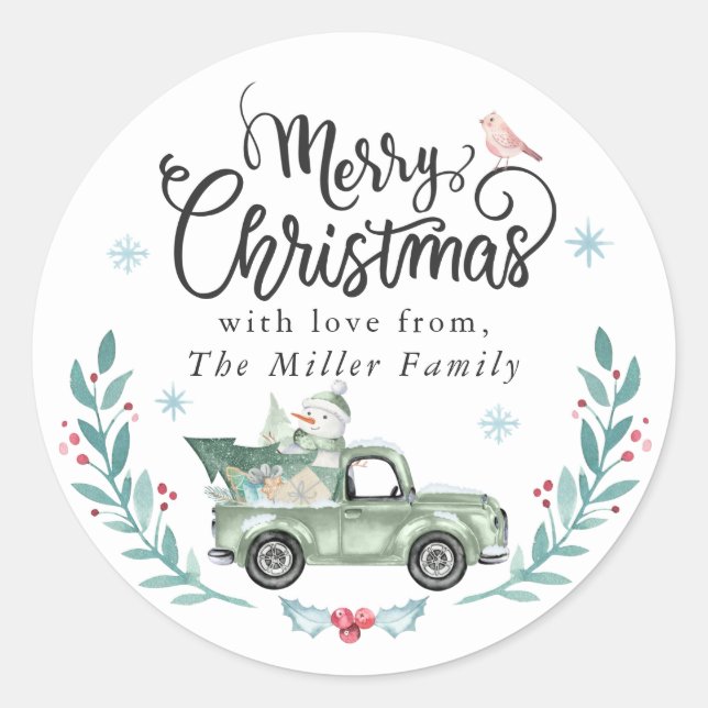 Merry Christmas Rustic Green Truck Winter Floral Classic Round Sticker (Front)
