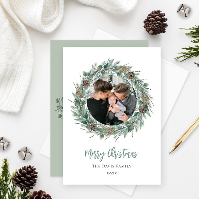 Merry Christmas Rustic Greenery Wreath Photo Holiday Card (Creator Uploaded)