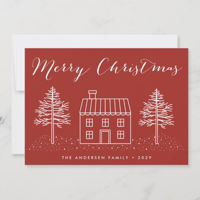 Merry Christmas Rustic Hand-drawn House & Lights  Holiday Card (Front)