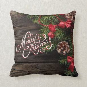 Merry Christmas Rustic Holiday Wood Garland Cushion
