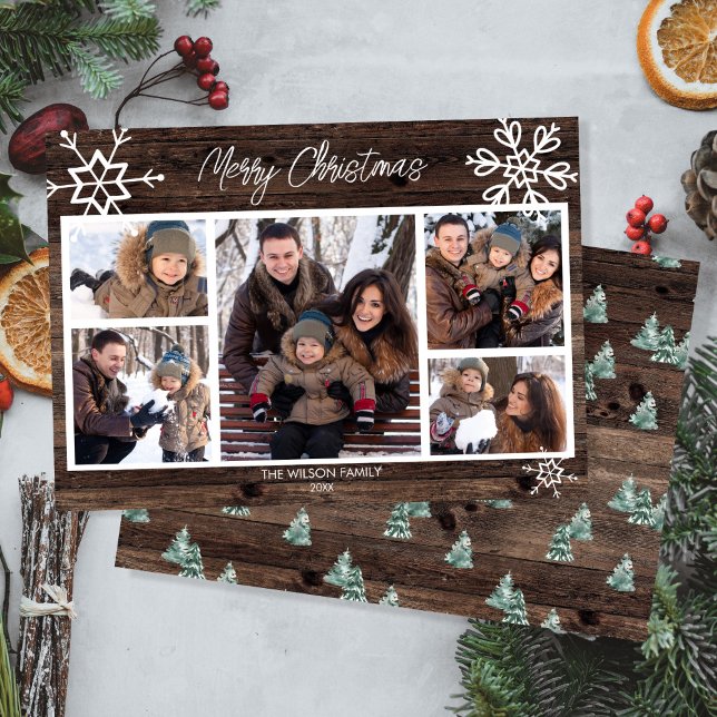 Merry Christmas Rustic Photo Collage Family Holiday Card (Creator Uploaded)
