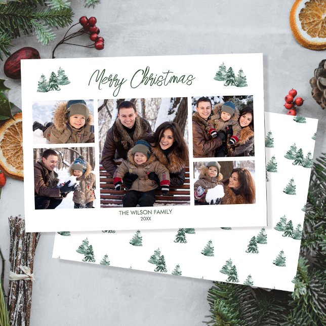 Merry Christmas Rustic Pines Five Photo Holiday Card (Creator Uploaded)