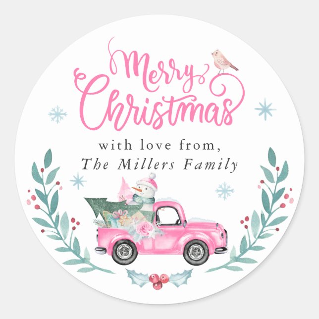 Merry Christmas Rustic Pink Truck Winter Floral Classic Round Sticker (Front)