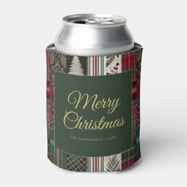 Merry Christmas Rustic Plaid Pattern Can Cooler (Can Front)