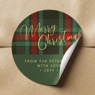 Merry Christmas rustic plaid red green gold script Classic Round Sticker