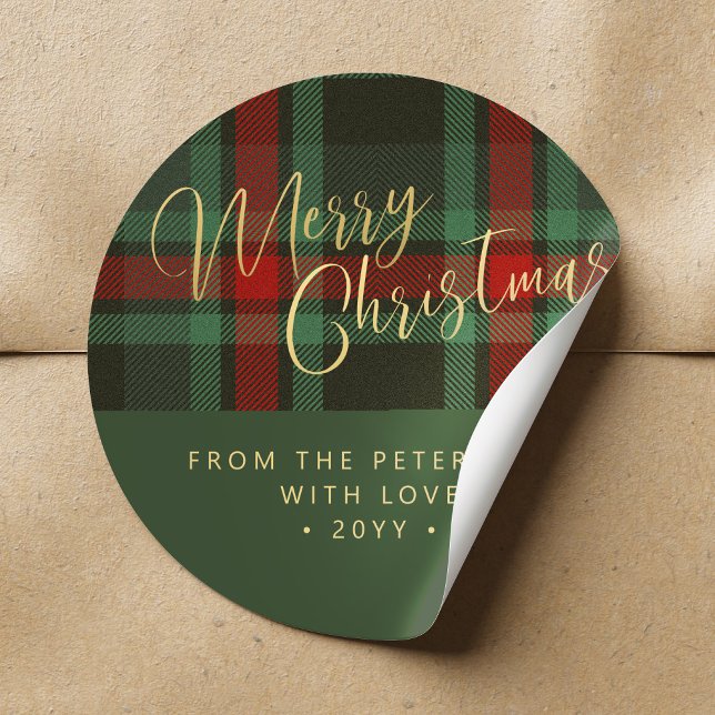 Merry Christmas rustic plaid red green gold script Classic Round Sticker (Creator Uploaded)