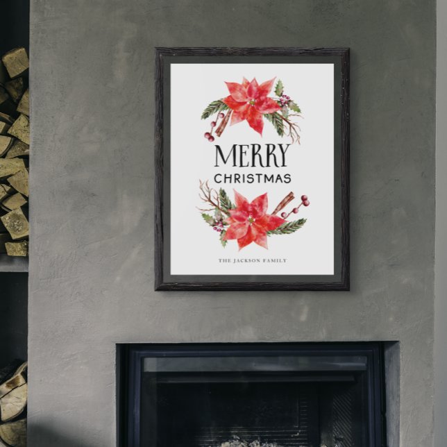 Merry Christmas Rustic Poinsettia Greenery Poster (Creator Uploaded)