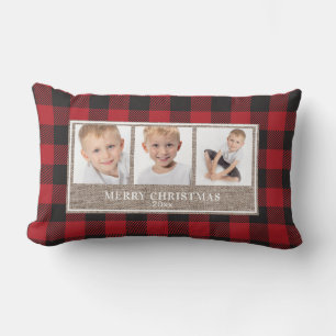 Merry Christmas Rustic Red Buffalo Plaid 3 Photos Lumbar Cushion