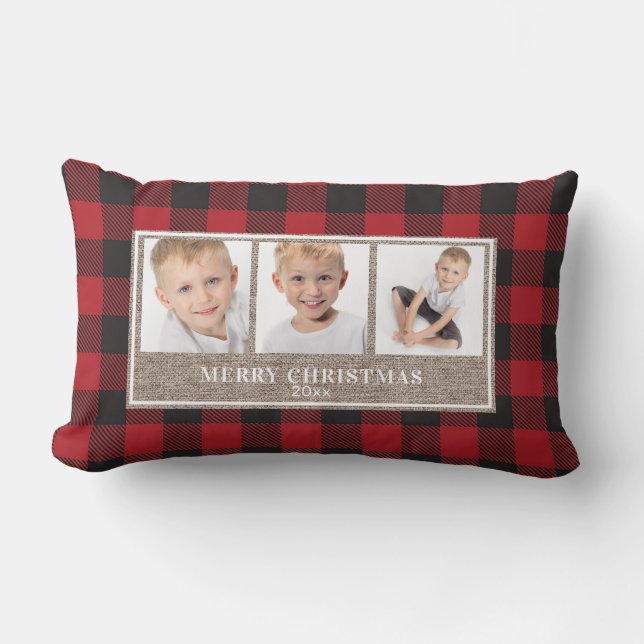 Merry Christmas Rustic Red Buffalo Plaid 3 Photos Lumbar Cushion (Front)
