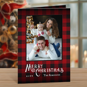 Merry Christmas Rustic Red Buffalo Plaid Photo Holiday Card