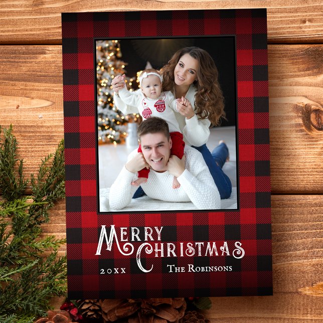 Merry Christmas Rustic Red Buffalo Plaid Photo Holiday Card (Available in high quality print or digital download for quick text messaging, email or self print.)