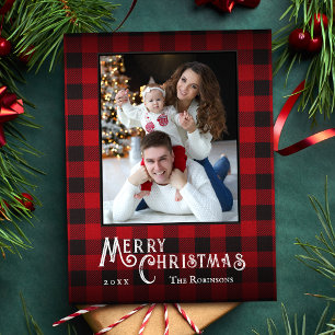 Merry Christmas Rustic Red Buffalo Plaid Photo Holiday Postcard