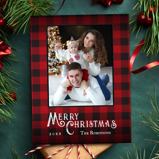 Merry Christmas Rustic Red Buffalo Plaid Photo Holiday Postcard (Creator Uploaded)