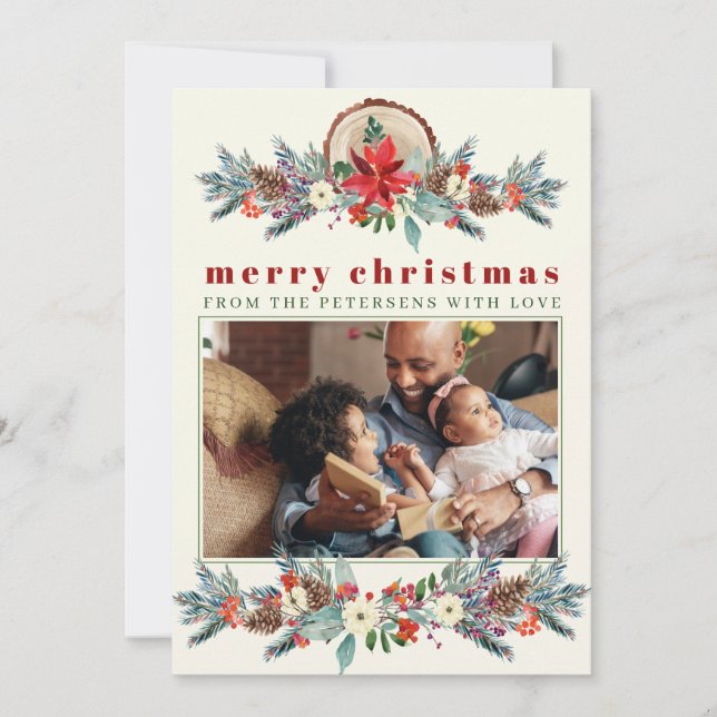 Merry Christmas rustic red floral family photo Holiday Card (Front)
