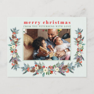 Merry Christmas rustic red floral family photo Holiday Postcard