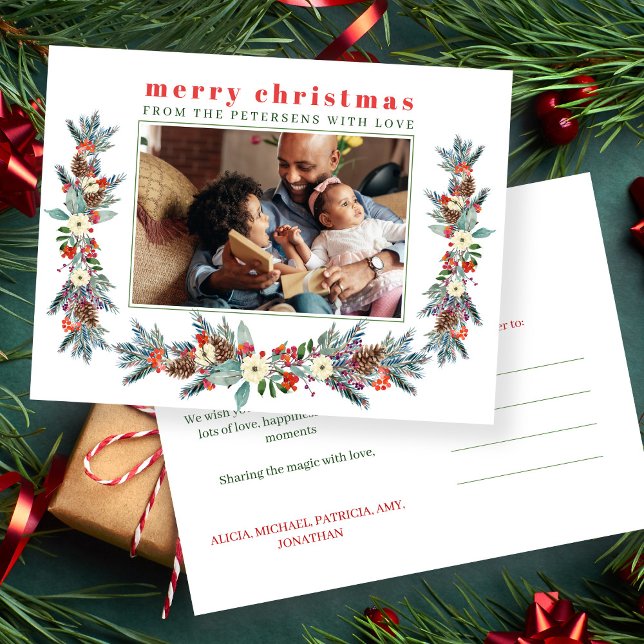 Merry Christmas rustic red floral family photo Holiday Postcard (Creator Uploaded)